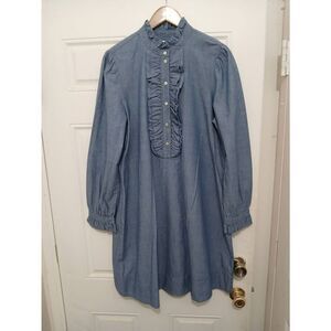 J crew RE-IMAGINED womens medium ruffle button front shift dress denim blue